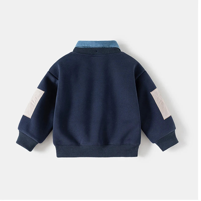 Autumn Winter Children Clothings Boys Layered Fleece Sweatshirt Denim Collar Patch Pocket Warm Pullover Kids Casual Top