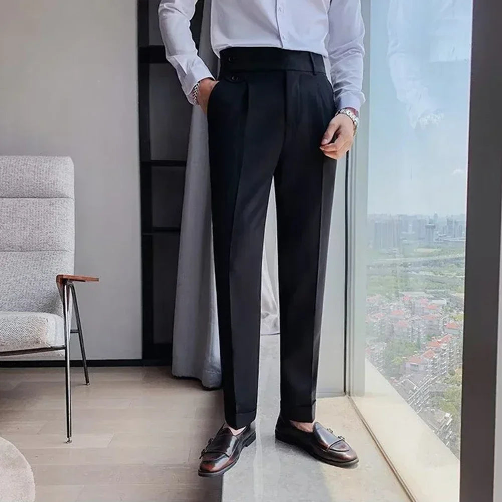 Men's High Waist Trousers England Business Casual Work Suit Pants Belt Waistline Straight Slim Fit Bottoms Handsome Clothing