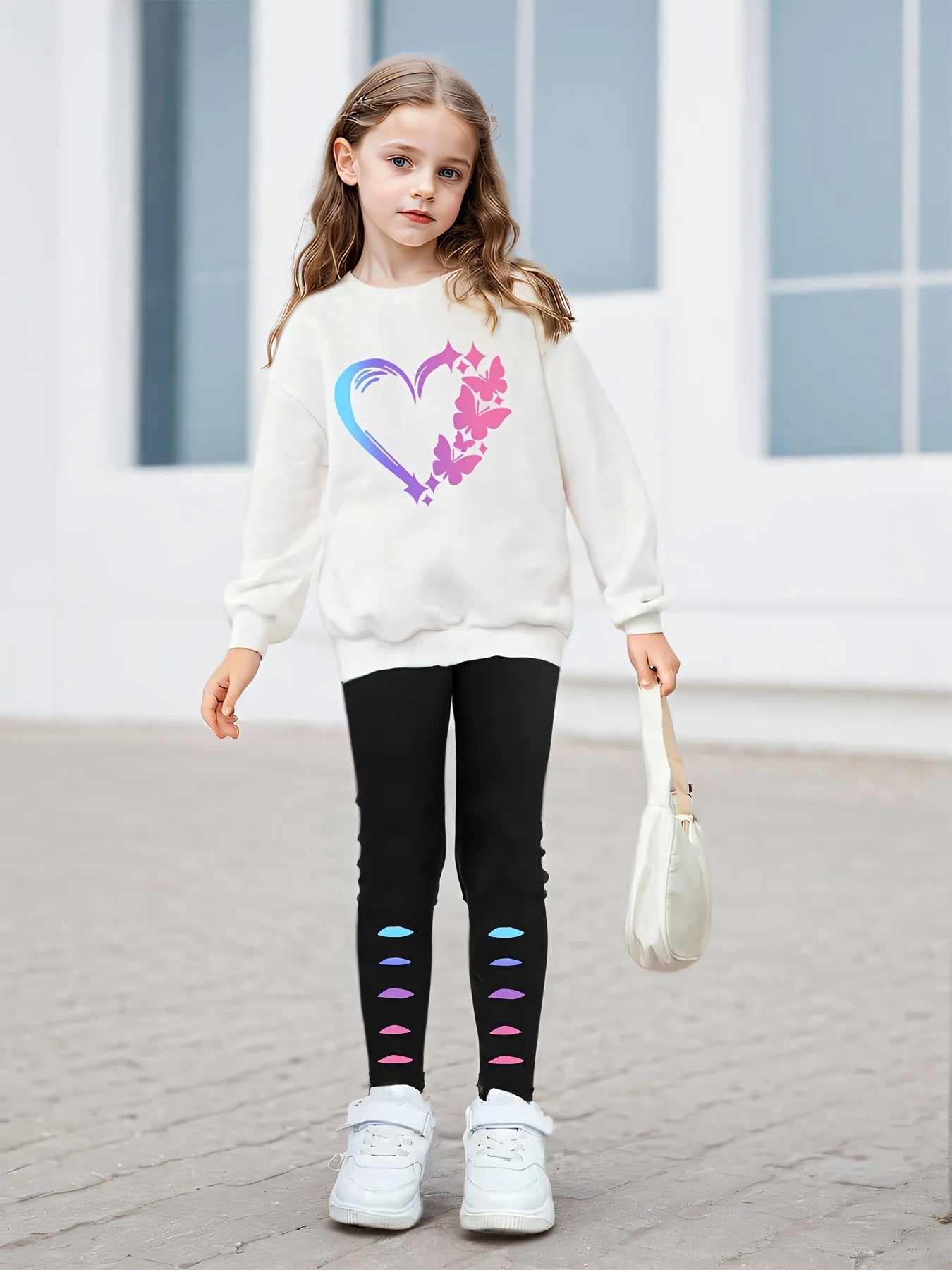 Children's Clothing Girls Autumn Clothing 2-Piece Love Butterfly Print Long-Sleeved Sweatshirt Tights Girl Outdoor Casual Sports Suit